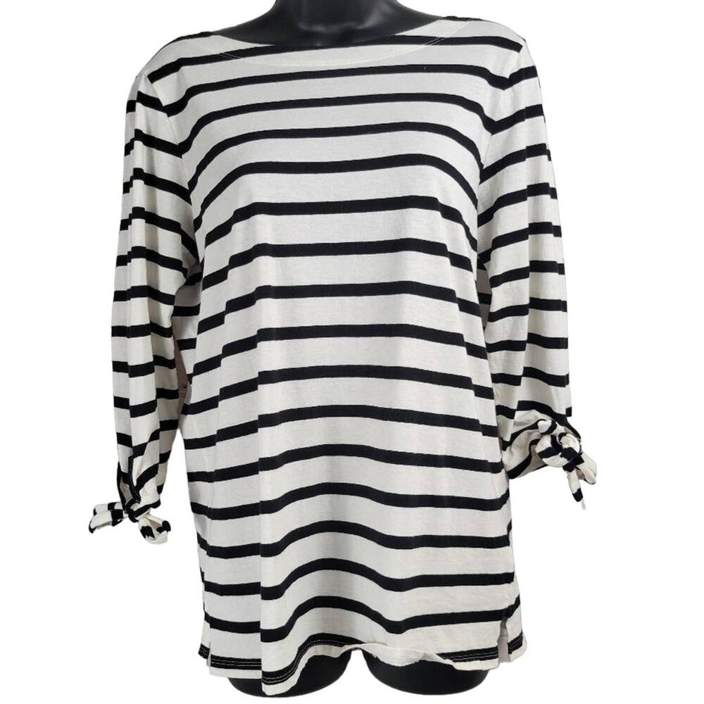 Old Navy Women's Black White Striped Boat Neck Tie Sleeve Shirt Size M Cotton